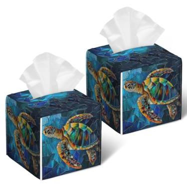 Imagem de Capa de caixa de lenços de vidro tartaruga marinha, 2 peças, suporte de caixa de lenços de papel facial quadrada caixa de lenços organizador de cubo para banheiro, quarto, mesa, escritório