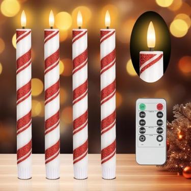 Imagem de SEHNSY 4 peças de velas de Natal sem chama, design de bengala doce vermelha e branca, castiçais operados por bateria, castiçais de Natal de LED para decoração de festa de Natal