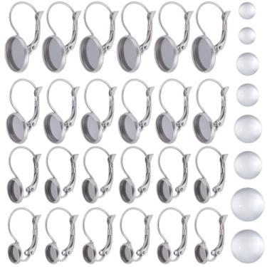 Imagem de SOFPLATE 1 caixa 80 peças 4 tamanhos 304 ganchos de aço inoxidável 304 brincos de bisel de aço inoxidável com bandejas de cabochão de vidro, componentes prateados em branco, ganchos franceses para