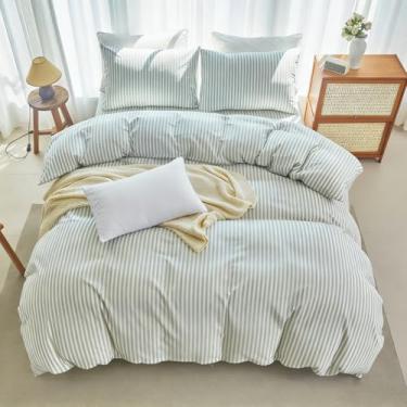 Imagem de LIFETOWN Conjunto de capa de edredom listrado 100% algodão lavado, com sensação de rugas naturais, leve e confortável (Queen, listras verdes e brancas)