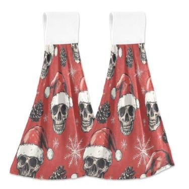 Imagem de Blueangle 2 peças caveiras chapéus de Papai Noel toalhas de gravata penduradas toalha de mão toalha de mão absorvente de veludo coral macio pano para cozinha banheiro (519)