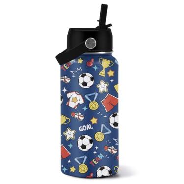 Imagem de Presentes para amantes de futebol – Garrafa de água de futebol de 947 ml com canudo, garrafa de água esportiva de aço inoxidável, à prova de vazamento, livre de BPA, garrafas de água isoladas de