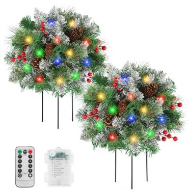 Imagem de Enchimento de urna de Natal artificial iluminado, pacote com 2 pequenas decorações de pinheiro de Natal com cones, frutas vermelhas e 50 luzes de LED, decoração de enchimento de plantador para varanda