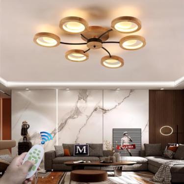 Imagem de Luminária de teto nórdica LED de madeira, estilo lustre moderno e simples para sala de estar grande, restaurante, iluminação criativa, luminária dimerizável para quarto com controle remoto,