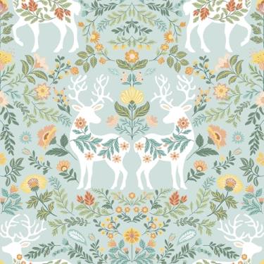 Imagem de VaryStyle Papel de parede floral verde de 45 cm x 998 cm, papel de parede floral escandinavo folclórico de veado para descascar e colar papel de parede colorido de contato verde autoadesivo para