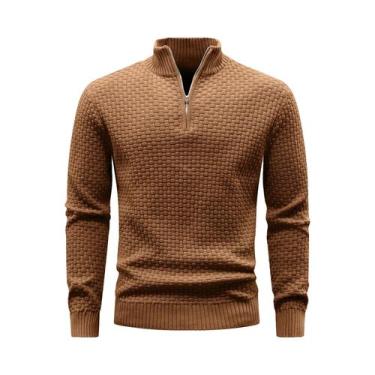 Imagem de Suéter Masculino De Inverno Quente Com Zíper, Gola Alta Em Tricô Waffl