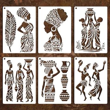 Imagem de GOMAKERER 6 folhas de estêncil de pintura de mulher africana, 6 estilos de modelo de desenho de mulher tribal, reutilizável, padrão tribal africano, modelos artísticos para álbuns, agendas, scrapbook