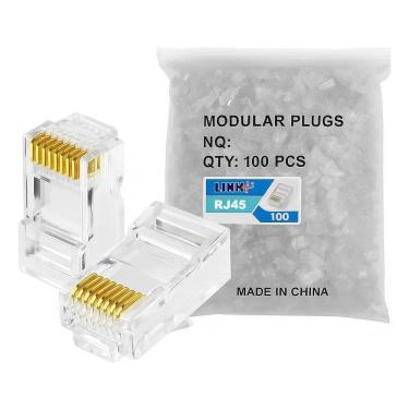 Imagem de 2X Kit 100 Conector Rj45 Utp Lan Cat5E Banho De Ouro Cabo De
