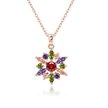 Imagem de Elaximn Colar com pingente de flor colorida para mulheres, colares florais com várias pedras preciosas banhado a ouro rosa, arco-íris, zircônia cúbica, joia feminina 43 cm + 5 cm