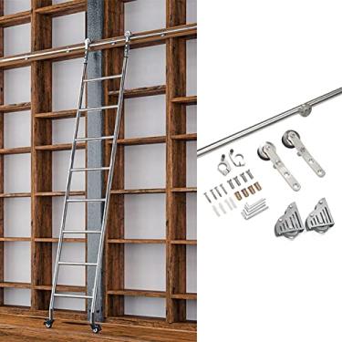 Imagem de U5GAAALPPQ9 Kit de ferragens para porta de celeiro deslizante de aço inoxidável de 2 m a 4 m, com rodas de rolo de piso (sem escada) trilho de escada móvel de tubo redondo para casa/interior/loft (244