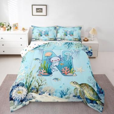 Imagem de Erosebridal Jogo de cama infantil com estampa de axolote fofo, tamanho casal, com inicial N, para meninos, meninas, adolescentes, azul, desenho animado, axolote, kawaii, salamandra, oceano, colcha