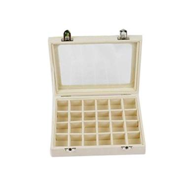 Imagem de 24 compartimentos de madeira transparente fivela brincos caixa de armazenamento organizador de joias caixa de armazenamento exibição de joias caixa de armazenamento (bege)