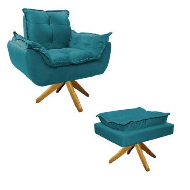 Imagem de Kit Poltrona e Puff Opala Base Giratória de Madeira Suede Azul Turques