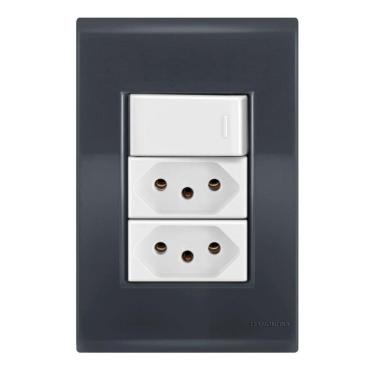 Imagem de 1 Simples + 2 Tomadas 10A - Tramontina Liz Grafite / Branco