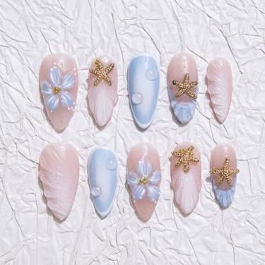 Imagem de 10 peças de unhas de amêndoa feitas à mão, curto, luxuoso, em forma de concha, ponta francesa, unhas falsas, estrela-do-mar, strass, pregos de pressão com design de flor, cobertura completa, acrílico