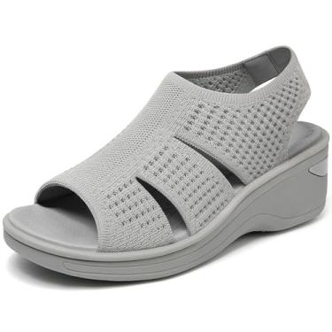 Imagem de Sandálias femininas confortáveis de caminhada com espuma viscoelástica, bico aberto, leve, respirável, malha macia, lavável para o verão, viagem, casual, praia, esportes ao ar livre, Cinza B (conforto