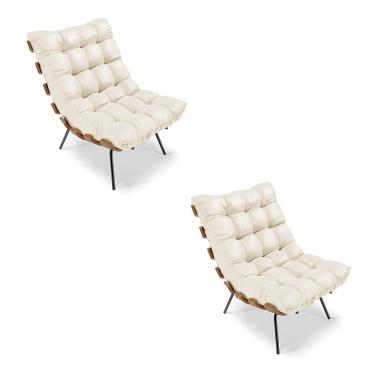 Imagem de Kit 02 Poltronas Costela Corino Bege Base Metálica Preto - D'Rossi