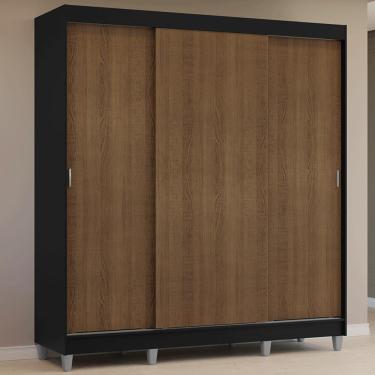 Imagem de Guarda-roupa Casal Com Pés 3 Portas De Correr Preto Rustic Reno Madesa