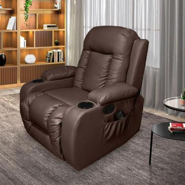 Imagem de Poltrona do Papai Reclinável Austin Massagem e Aquecimento Giratório Balanço 2 Porta Copos PU Marrom Chocolate G31 - Gran Belo