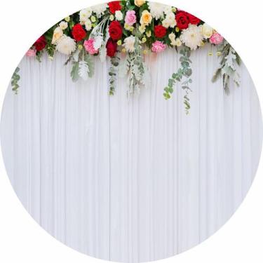 Imagem de Painel de Lona Redondo Cortina Branca e Flores - Fabrika de Festa, 140
