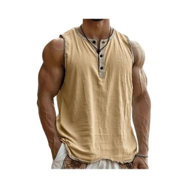 Imagem de Camiseta Sem Mangas Masculina Leve E Respirável Com Gola Henley Casual