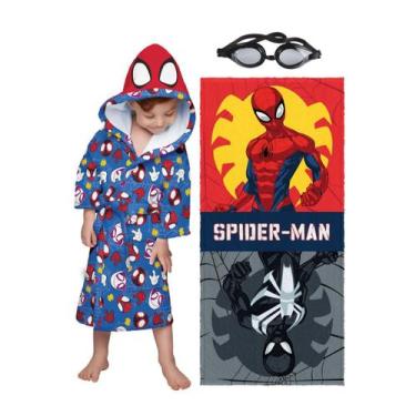 Imagem de Kit Piscina (Roupão Aveludado Capuz Spidey + Toalha Felpuda + Óculos C