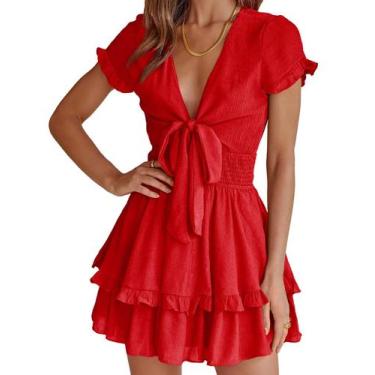 Imagem de Vestido PRETTYGARDEN 2025 Rojo con Escote en V y Manga Corta Talla L