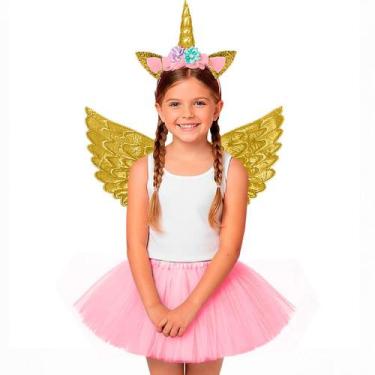 Imagem de Fantasia Unicórnio Infantil pra Menina Kit Saia Asa e Tiara com Chifre