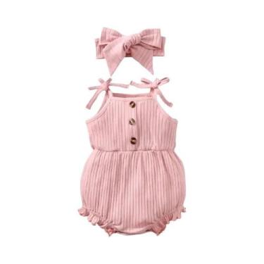 Imagem de Macacão Rosa Canelado Para Bebê Menina 0-9 Meses Com Faixa De Cabelo E