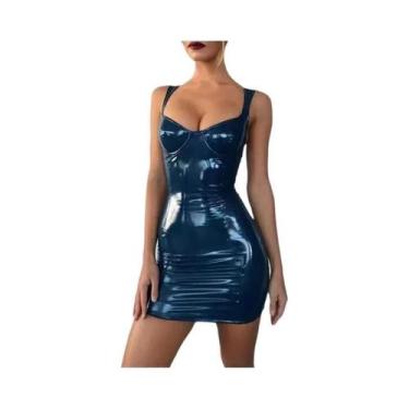 Imagem de Vestido Curto Feminino De Couro Envernizado Brilhante Sem Mangas, Ajus