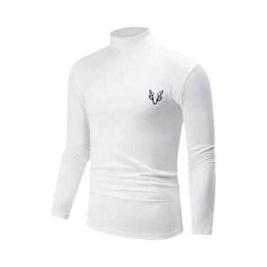 Imagem de Camiseta Térmica Masculina Branca De Manga Longa Com Gola Alta Casual 