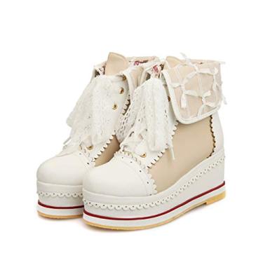 Imagem de HILIB Botas femininas fofas Lolita Cosplay Brogue Wedge, Bege, 5.5