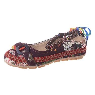 Imagem de TangDao Sapatilhas femininas retrô étnicas com bico redondo, bordado floral, com cadarço, casual, bailarina, Marrom, 6