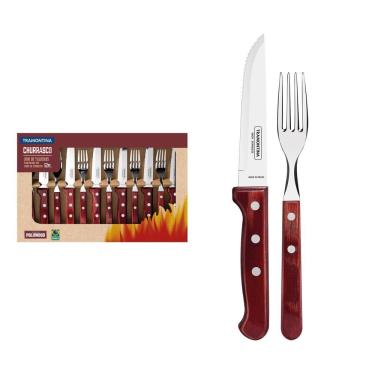 Imagem de Jogo de Talheres Jumbo Tramontina Churrasco Lâminas Aço Inox Cabo de Madeira Polywood Vermelho 12Pçs Tramontina
