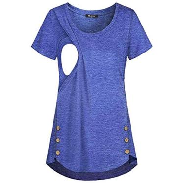 Imagem de POLG Camisetas femininas de verão de manga curta para gestantes, cor sólida, botões confortáveis, amamentação, roupas para grávidas, Azul, M