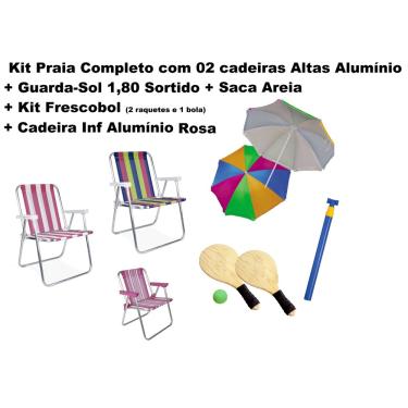 Imagem de Kit 02 Cadeira Alumínio + Cadeira inf Rosa + Guarda-Sol 1,80 + Saca Areia + Kit Frescobol