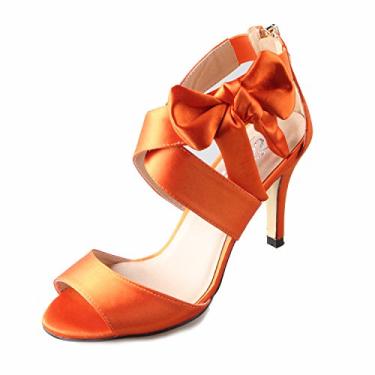 Imagem de Creativesugar sandália feminina laranja laço cetim vestido sapatos de noiva salto de casamento, festa show sapatos, Laranja, 7.5