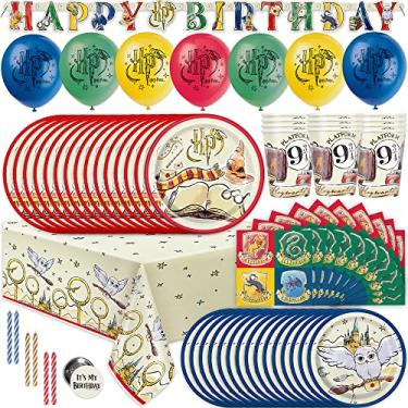 Imagem de Harry Potter Birthday Decorations Kit | Harry Potter Birthday Party Supplies | With Harry Potter Balloons, Table Cover, Banner, Dinner and Cake Plates, Napkins, Cups, Candles, Button | Serves 16