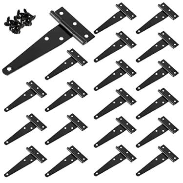 Imagem de MOUYAT Pacote com 20 dobradiças pretas de 10 cm, dobradiças de porta de celeiro de ferro resistente com parafusos, dobradiças de porta de galpão de alça em T para porta de madeira, janela, cerca