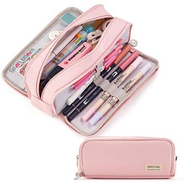 Imagem de Estojo de lápis de grande capacidade com 3 compartimentos bolsa para caneta para escola adolescente menina menino homens mulheres (preto)(Rosa)（R标店铺，跟卖必送小红旗）(Rosa)