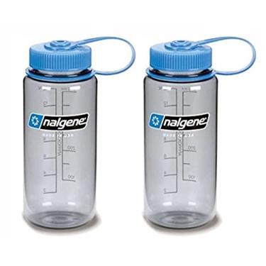 Imagem de Nalgene Garrafa de água de plástico Tritan de 473 ml cinza com tampa azul | Boca larga, pacote com 2