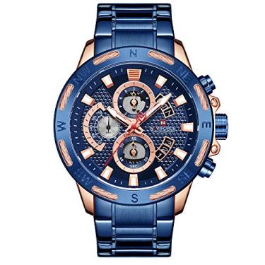 Imagem de Relógio masculino analógico de quartzo com cronógrafo e pulseira de aço inoxidável NF9165 da NAVIFORCE, Azul