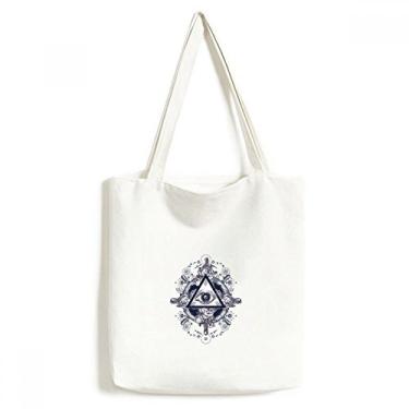 Imagem de Bolsa de lona com estampa de triângulo flor de olho bolsa de compras casual bolsa de mão