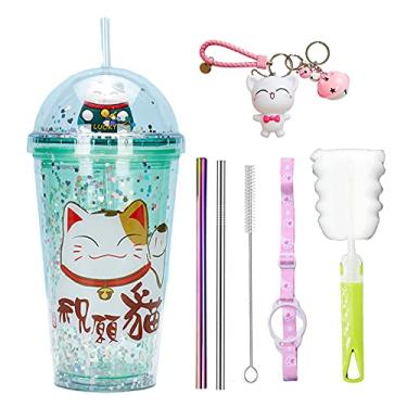 Imagem de seelucky Caneca de viagem de gato da sorte com canudo azul copo de bebida com alça copo de festa unicórnio roxo copo de gelo para piquenique festa aniversário (verde gato sorte, 430 ml)