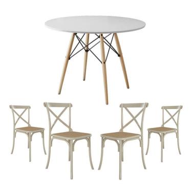 Imagem de Conjunto De Mesa Eiffel Redondo Tampo De Madeira 110Cm Branco Com 4 Cadeiras Katrina Off White