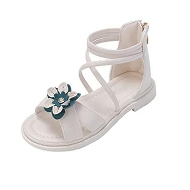 Imagem de Sandálias romanas florais para meninas de verão sem bico aberto no tornozelo com zíper no calcanhar para crianças pequenas/grandes bailarina, Branco, 2.5 Big Kid
