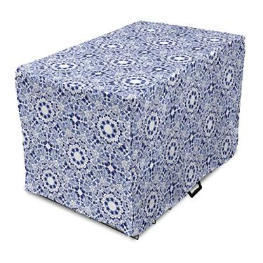 Imagem de Lunarable Capa para gaiola de cachorro tradicional, flores circulares e listras russas com motivos clássicos, fácil de usar para cães médios e grandes, 91 cm, azul claro e azul escuro