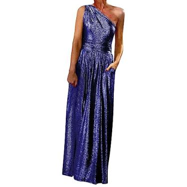 Imagem de UIFLQXX Vestido longo feminino plus size cor sólida inclinado ombro bolso swing vestido casual vestido de festa vestidos formais, Azul, GG