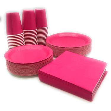 Imagem de Serve 50 pacotes completos de festa, conjunto de talheres descartáveis rosa – pratos de jantar de 23 cm, pratos de sobremesa de 18 cm, copos de 255 g, guardanapos de 3 camadas para aniversários,