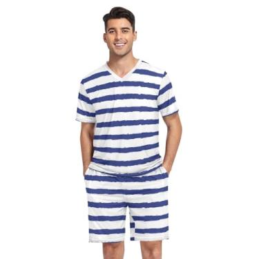 Imagem de KLL Conjunto de pijama masculino azul e branco listrado marinho duas peças pijama manga curta tops e shorts, Azul, Large